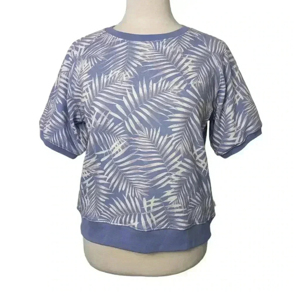 New ECOTHREADS Womens Purple Blue Palm Leaves Short Sleeve Sweatshirt Size XL - Picture 1 of 8